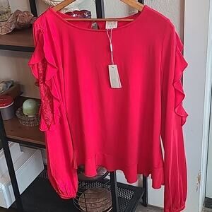 Women's CUPIO Size Medium Dress Blouse RED Lace Ruffle NWT Bloomingdales‎